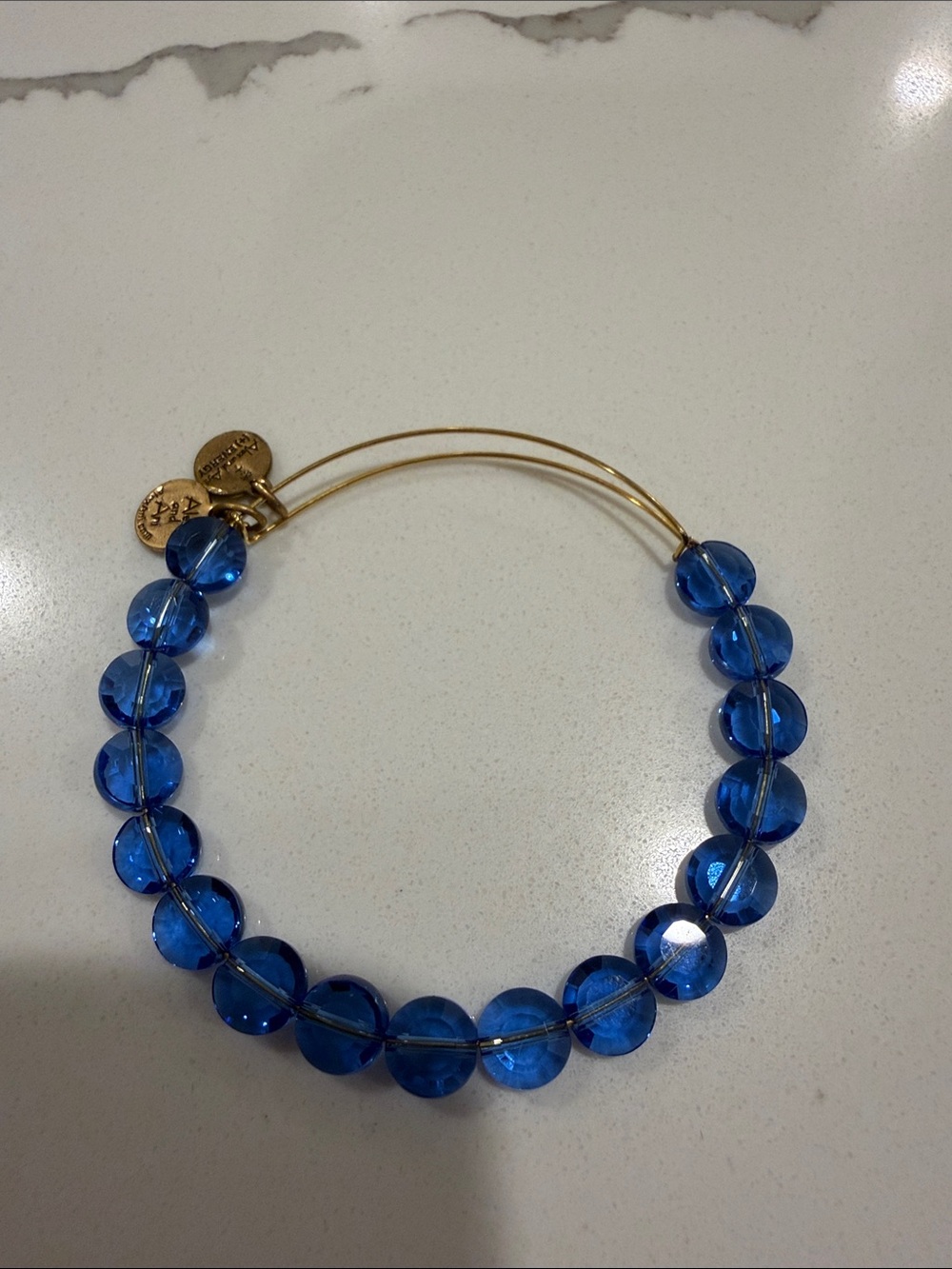Alex and Ani Gold Wire Bracelet with Royal Blue Beads